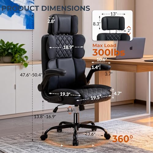 Office Chair with Adjustable Headrest - Executive Leather Desk Chair for Home Office, with Flip-Up Arms & Ergonomic Lumbar Support, Perfect for Work and Study, Black by ACFOUL - Used condition - Image 2
