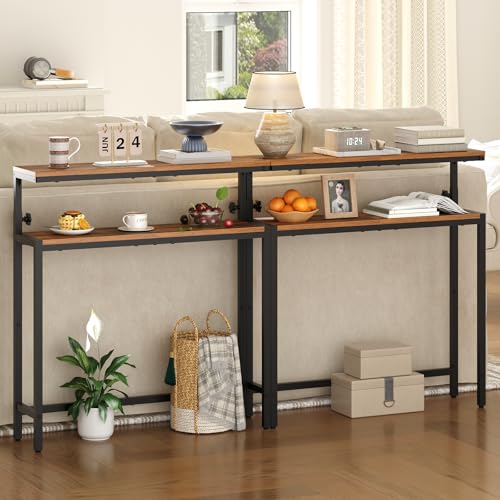 Image of HOOBRO Narrow Console Table with Adjustable Height (31.5 inch-37.4 inch), Set of 2 High Entryway Table, Skinny Behind Couch Table with 2 Tier Shelf, Sofa Table for Hallway, Rustic Brown and Black BF96XGP201