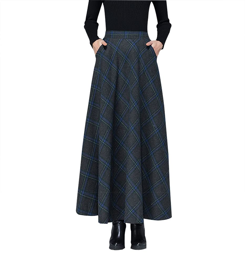 Jupe Longue Femme Hiver Vintage Élégant Taille Haute Carreaux Taille élastique Maxi Jupe Laine Chaud A-Line Plissée Jupe Casual Party I Grau XL