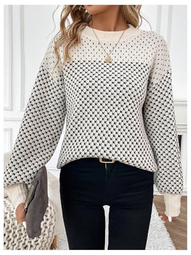 Image of MakeMeChic Women's Color Block Houndstooth Oversized Sweater Long Sleeve Crew Neck Knit Pullover Top Multicolor Large