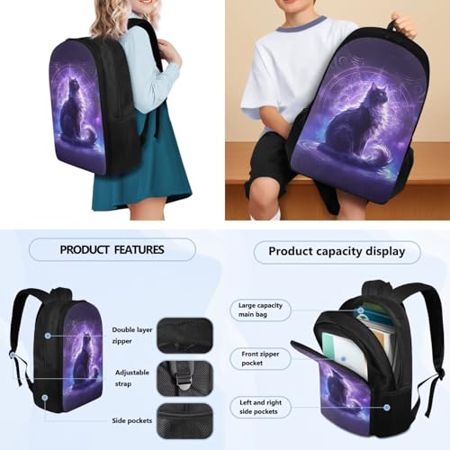 3Pcs Black Cat Backpack Set for School, 17 Inch Backpack with Lunch Bag Pencil Case for Girls, Lightweight Teen Bookbag for Middle School2