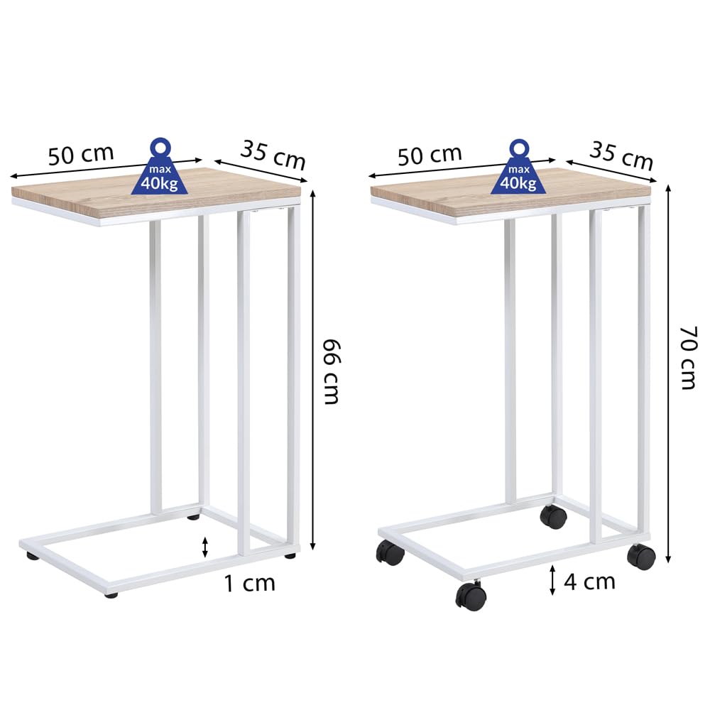 Casaria® Tavolino con Rotelle 50x35x70cm Forma a C Legno Metallo Moderno Portata 40kg Tavolo da Notte Comodino Bianco