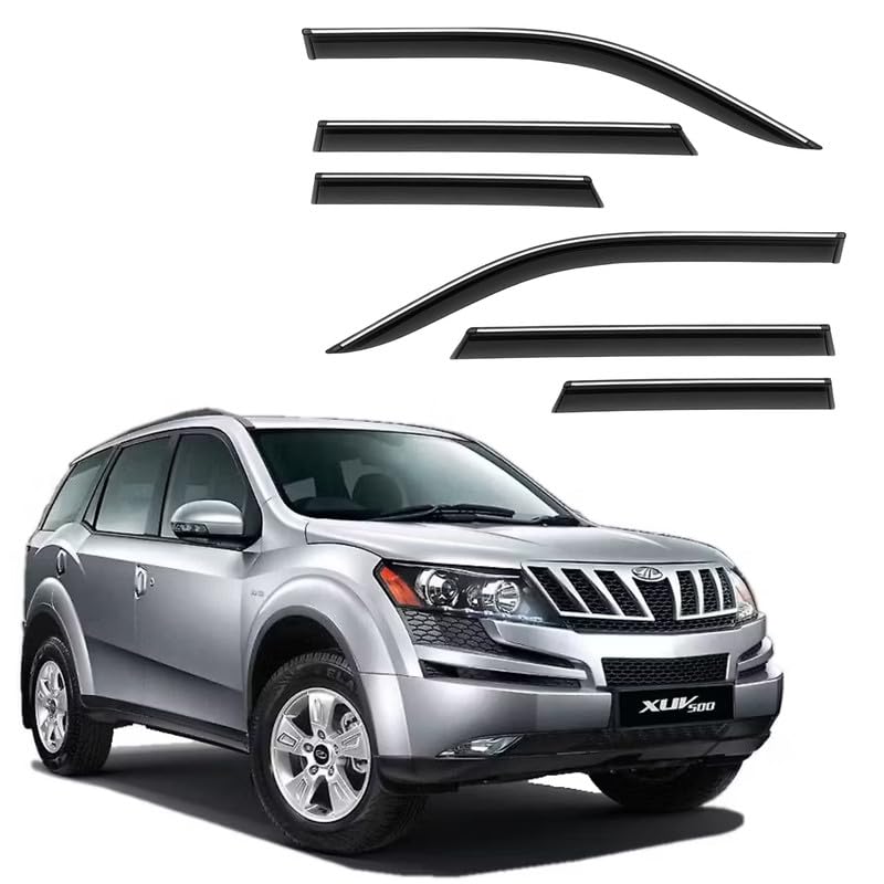Image of CAR SAAZ Side Door Visors for XUV 500 (2011-2021)(Set of 6Pcs)|Chrome Lined Rain Guards, Polycarbonate, Smoke Finish