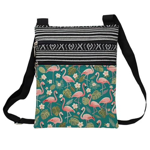 Dark Green Flamingo Messenger Bag Small Ethnic Pattern Adjustable Strap Crossbody Zipper Pouch Flamingo Phone Organizer Wallet Cute Shoulder Handbag for Women Friends