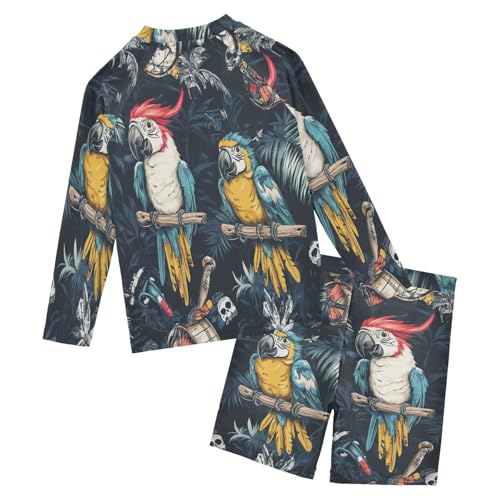 Parrot and Skull Boys Swimsuit Rash Guard Toddler Kids Long Sleeve Swim Shirt and Trunks Swimwear Set 3-10Y2
