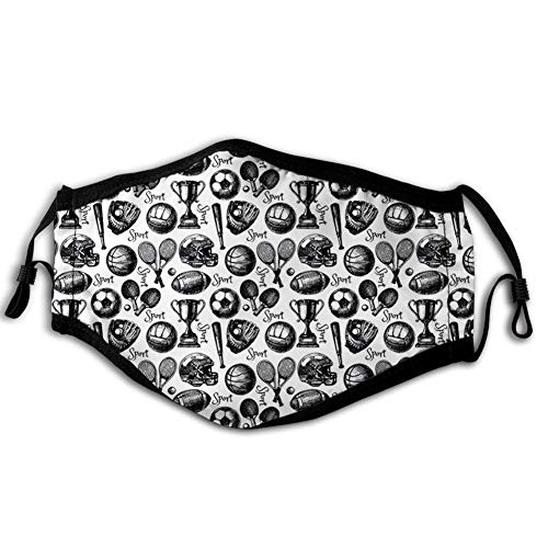 Windproof Mask,Monochrome Trophy Baseball Glove Ping Pong Ball Sketch Style Bat Tournament Inspired,Printed