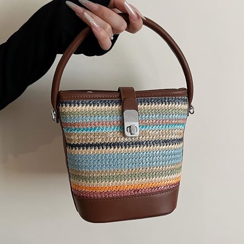Women's Contrast Color Straw Woven Shoulder Bag Mini Bucket Bag Crossbody Bag2