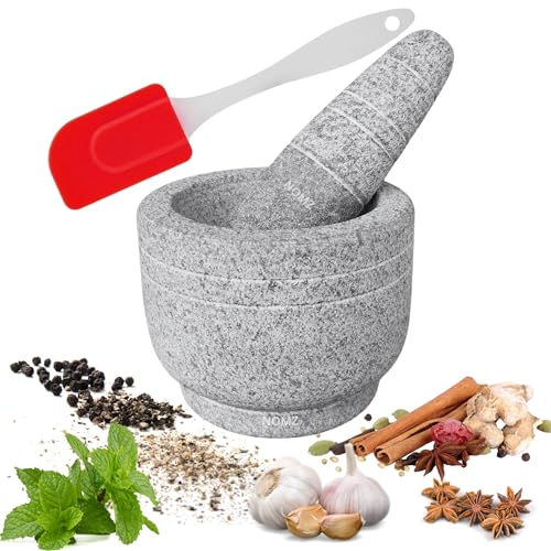 Image of NOMZ Mortar and Pestle Set for Kitchen - Natural Stone Grinder (Khalbatta) with Anti-Scratch Pad & Silicone Spatula - 1.5 Cup, 5.5 Inch Diameter