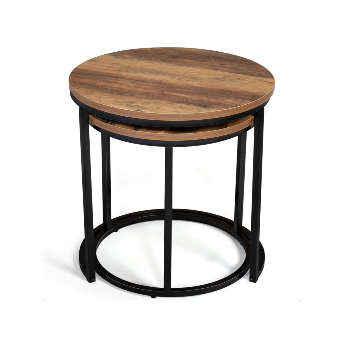 IDMarket - Lot de 2 Tables Basses gigognes Hawkins Rondes 40/45 Bois foncé Design Industriel