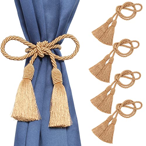 Image of 4 Pack Curtain Tiebacks Handmade Decorative Curtain Holdbacks Rope with Tassel - Gold