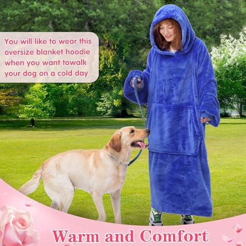 Image of Waitu Wearable Blanket Sweatshirt Gifts for Women and Men, Warm and Cozy Giant Blanket Hoodie, Thick Flannel Blanket with Sleeves and Giant Pocket - Blue