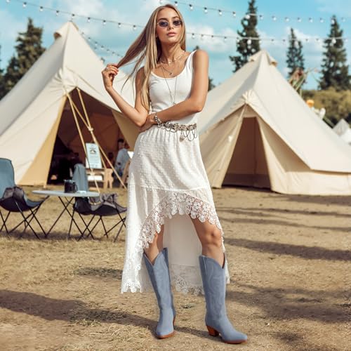 Image of GORBINETI Women Cowboy Boots Mid Calf Cowgirl Western Boots Embroidered Suede Pull On Almond Toe Chunky Heel