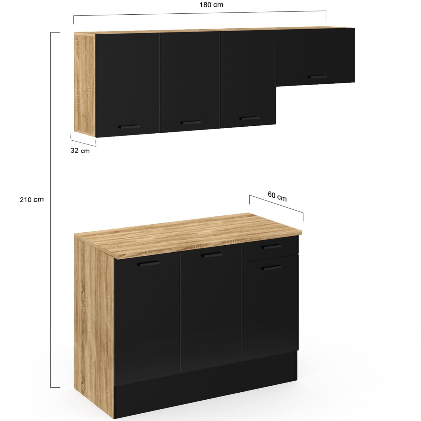 IDMarket - Cocina completa 180 cm Subtil con superficie de trabajo 5 elementos Madera y Negro