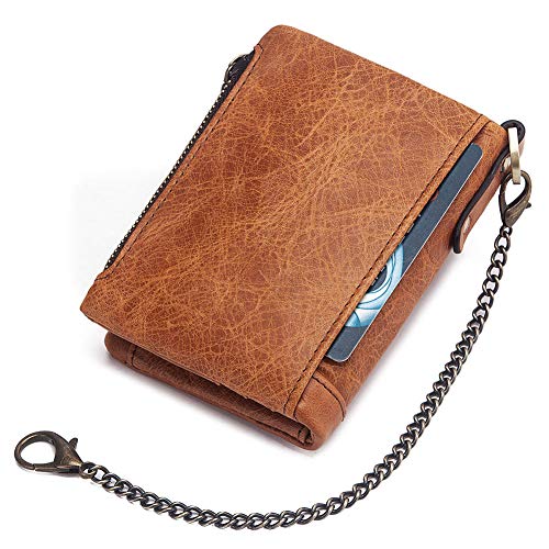 Image of boshiho Genuine Leather Bifold Chain Wallet for Men RFID Blocking | Heavy Duty Steel Anti-Theft Chain & 2 Zipper Coin Purse. Perfect for Bikers, Daily Commute, Gift for Dad /Husband