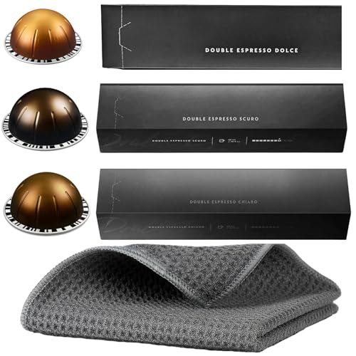 Wishesla Vertuo Coffee Pods Compatible with Vertuo Coffee Machines by Nespresso - Includes 3 Sleeves of Double Espresso Pods (80ml): Intensity 5, 8, 11 and Quick Dry Ultra-Absorbent Towel
