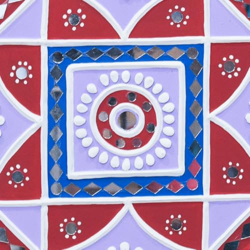 Image of Ethnics of Kutch Traditional Kutch Handicraft Mud-Mirrorwork Lippan Kam Wall Art (Water and Break Resistant) - Square (12 inch x 12 inch) - (Red LKT-0263)