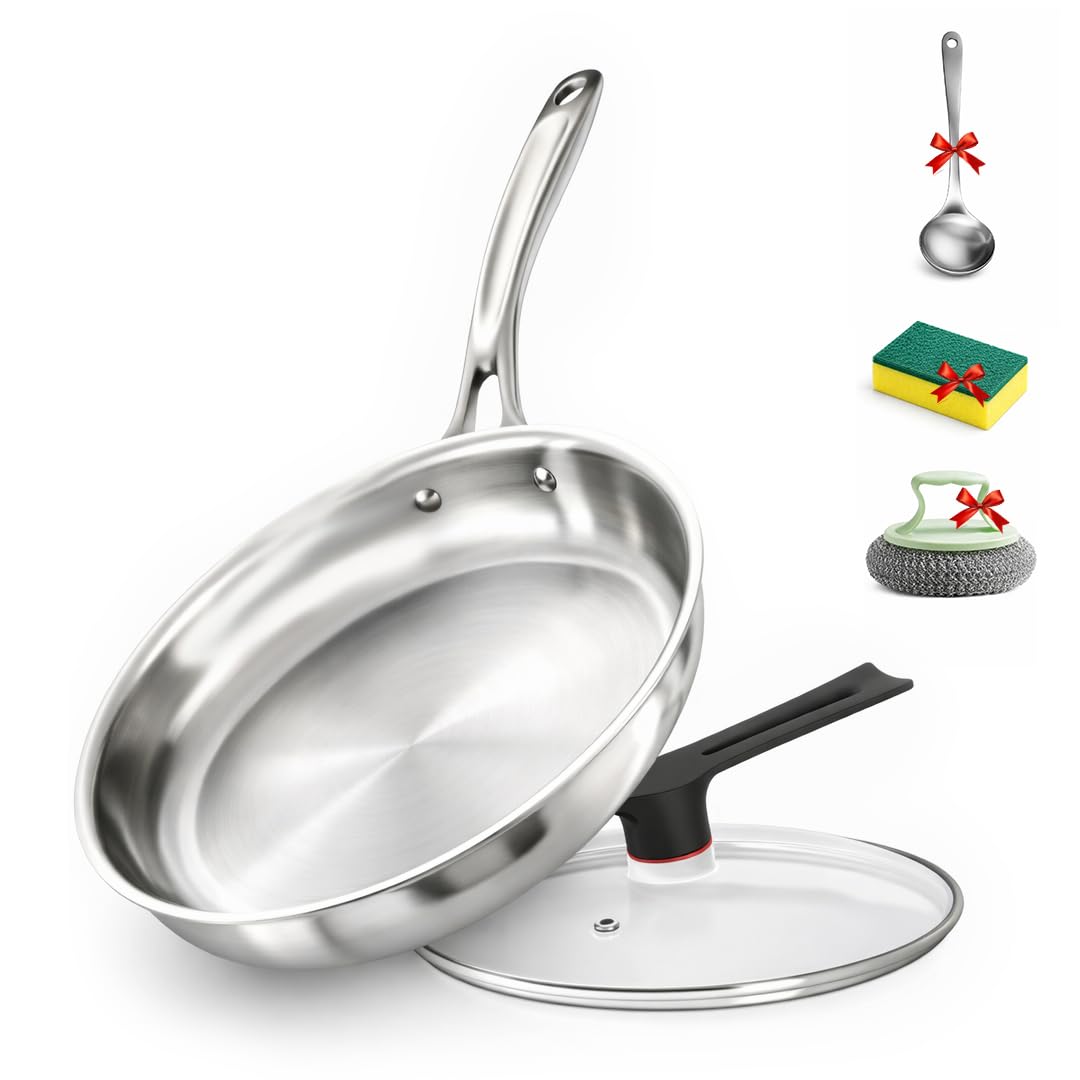 Chefswyn Tri-Ply Stainless Steel Frying Pan (28cm) with Glass Lid – Professional Induction Frying Pan for All Cooktops, Oven & Dishwasher Safe, Restaurant-Quality Cookware