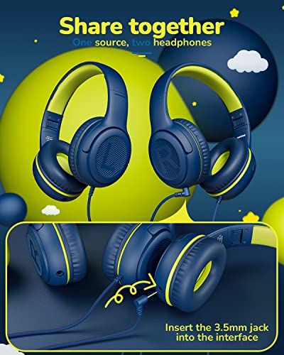 Image of awatrue Kids Headphones for School Travel, 85 /94dB Safe Volume Limit, 3.5mm Jack, HD Mic, Portable Wired Headphone with Shareport, Stereo Sound On-Ear Headphones for Toddler Kids Girls Boys Bluegreen