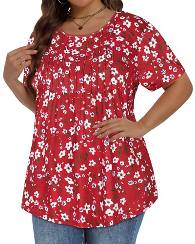 Image of Plus Size Tops for Women Pleated Summer Top Trendy Short Sleeve Shirts Casual Basic Tee Crew Neck Blouses 2026