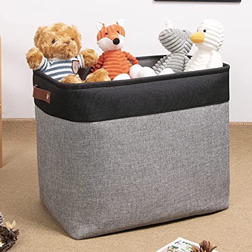 Image of DULLEMELO Large Collapsible Storage Basket /Bin with Sturdy Leather Handles, Fabric Organizer Bin for Storage Clothes, Books, Office, Bedroom, Closet, Nursery & Laundry (Black&Gray)