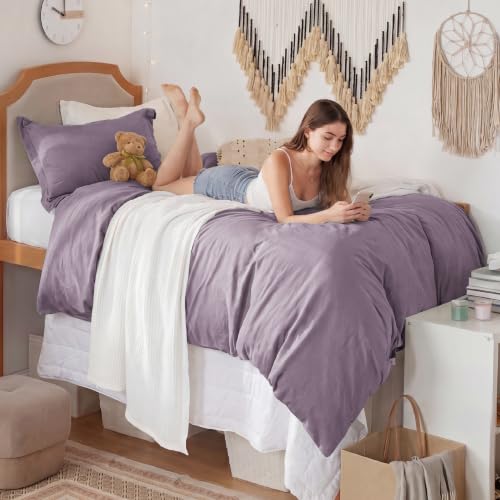 Image of Bedsure Prewashed Twin Duvet Cover, Cotton-Like Bedding Set, Dusty Purple | Ultra Soft, Relaxed Texture, Twin XL Breathable Comfort, Hidden Zipper, 8 Corner Ties, Easy Care, Year-Round Use
