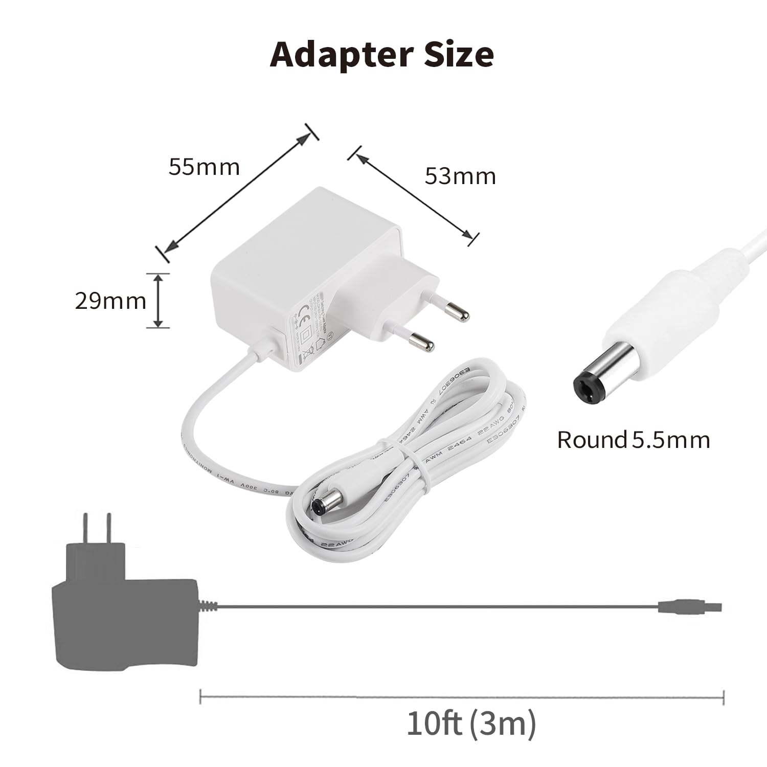 TONTON Ładowarka 9V 1A do TP-Link Tapo C200 C210 C100 WLAN IP C310 Outdoor WLAN, C320WS, TC60, TC70, bardzo długi kabel 3 m, biała