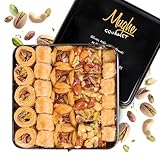Mughe Gourmet Luxury Baklava Pastry Metal Gift Box - 1.65lb/750g - Rich Pistachios, Walnuts, Cashews Double Layered Halal Baklawa Dessert Basket- Perfect for Christmas, Sweet Food Gifts for Women, Men