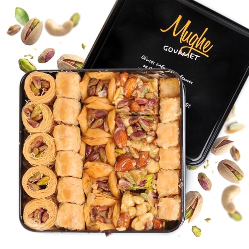 Mughe Gourmet Luxury Baklava Pastry Metal Gift Box - 1.65lb/750g - Rich Pistachios, Walnuts, Cashews Double Layered Halal Baklawa Dessert Basket- Perfect for Christmas, Sweet Food Gifts for Women, Men
