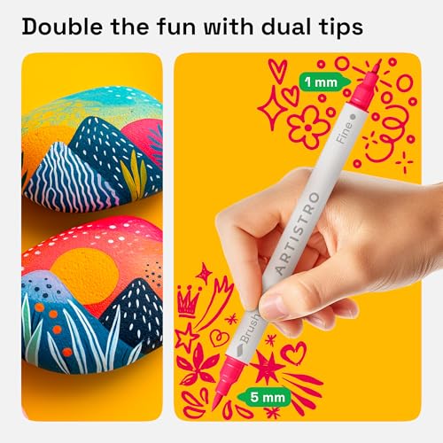 ARTISTRO 24 Dual Tip Acrylic Paint Markers - Artists Drawing Set, Art Painting Kit Easy for All Ages & Levels Acrylic Paint Pens for Fabric, Rocks, Paper, Wood, Canvas, Glass, DIY (Brush + Fine)
