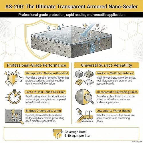 Image of Nano Surface Sealer AS-200 - Transparent Waterproof & Abrasion-Resistant Nano Coating for Terraces, Tiled Roofs, Bathtubs, Stone & Concrete - Breathable, Invisible, Professional-Grade (16.9 fl.oz)