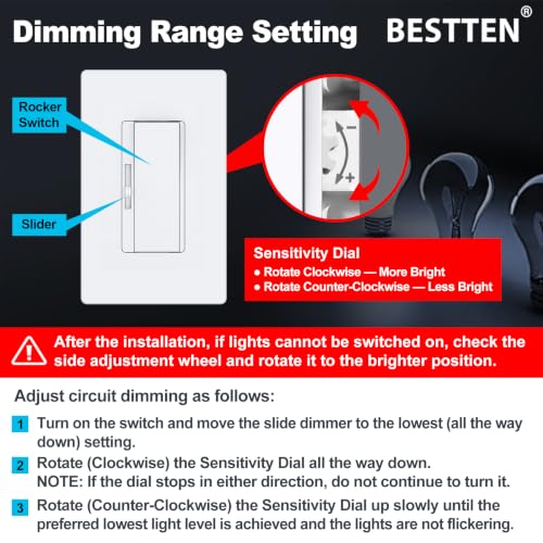 Image of BESTTEN 3 Pack Slide Dimmer Light Switch, Single Pole or 3 Way, White