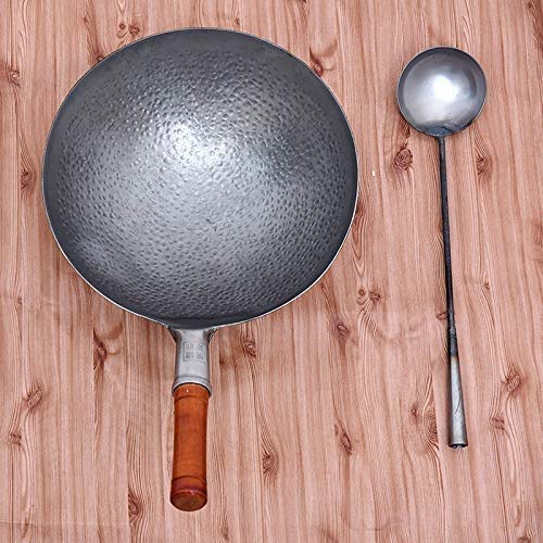 Handgeschmiedeter Eisen-Wok, Professioneller Chinesischer Traditioneller Handgehämmerter Kohlenstoffstahl-Pow-Wok Mit Ulmenholz- Und Stahl-Helfergriff - 34cm