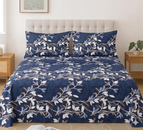 Image of IVAZA 240 TC Soft Ezyption Cotton Floral Print King Size Bedsheet - with 2 Pillow Covers, Hypoallergenic, Brethable, (Size- 90 x 90 Inch) Slate Blue