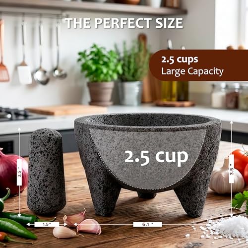 Image of Molcajete 6 in Mexican, Handmade with Natural Volcanic Stone, Artisanal Kitchen Utensil for Grinding with Pores for Crushing, Specially Designed for Grinding Spices, Sauces, and Guacamole