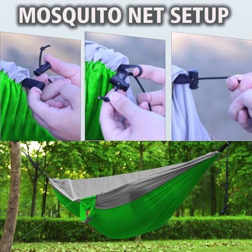Image of Camping Hammock, Portable Hammocks with Mosquito Net,Lightweight Nylon Parachute Hammock with 10ft Tree Straps,Camping Gear Must Haves for Travel Hiking Backpacking Beach Patio-Red&Grey