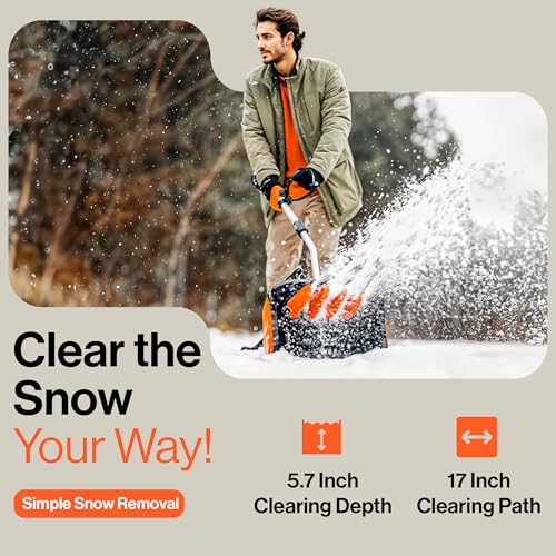 SuperHandy Electric Snow Thrower Adjustable Angle 17" Clearing Width 5.7" Intake Height 23' ft Throw Curved Serrated Blade 48V-2Ah Battery Portable Wheels Easy Maneuver Safety Switches Comfort Handle