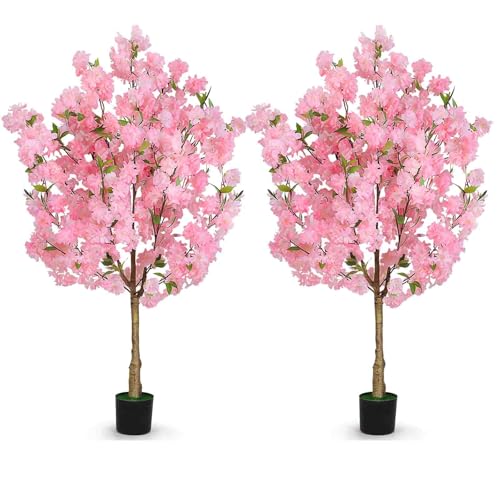2 Pack Artificial Cherry Blossom Tree Fake Flowering Tree with Nursery Pot Large Decorative Faux Sakura Plant for Living Room Hotel Office Garden Wedding 120cm/3.9FT