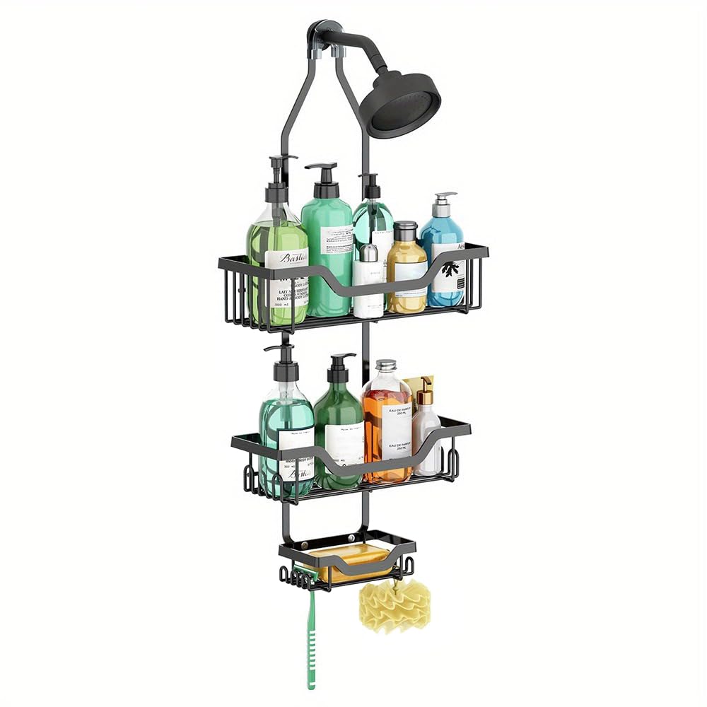 ANQIA Rustproof Hanging Shower Caddy Bathroom Organizer Extended Length Over Shower Head with Hooks Soap Holder No Drilling