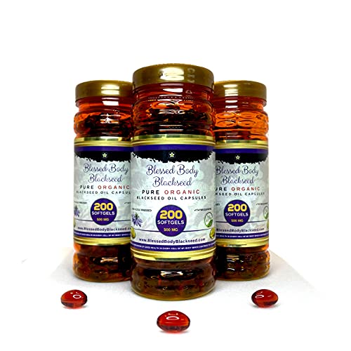Black Seed Oil Capsules Halal Organic 200 Softgels Cold Pressed Thymoquinone - Turkish - Black Cumin Nigella Sativa Non-GMO Halal Gelatin & Glycerin 100% Pure Oil 500 mg - Blessed Kalonji Oil