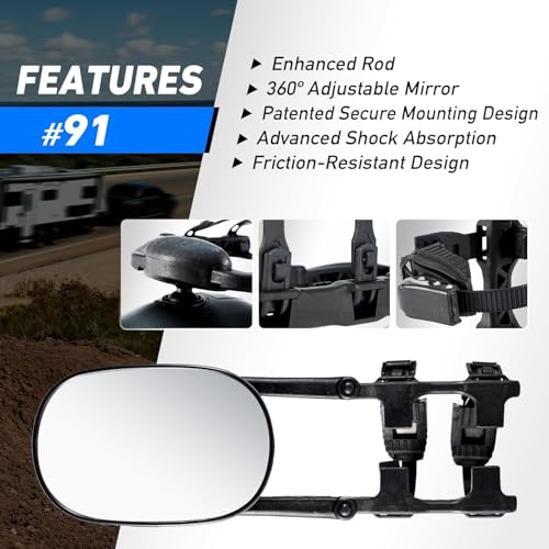 Image of MG91 Dual-Arm Towing Mirrors for Trucks, SUVs, RVs & Trailers | Fluorescent Green finish with two securing straps and a rubber strap to help reduce vibration and keep mirrors steady.