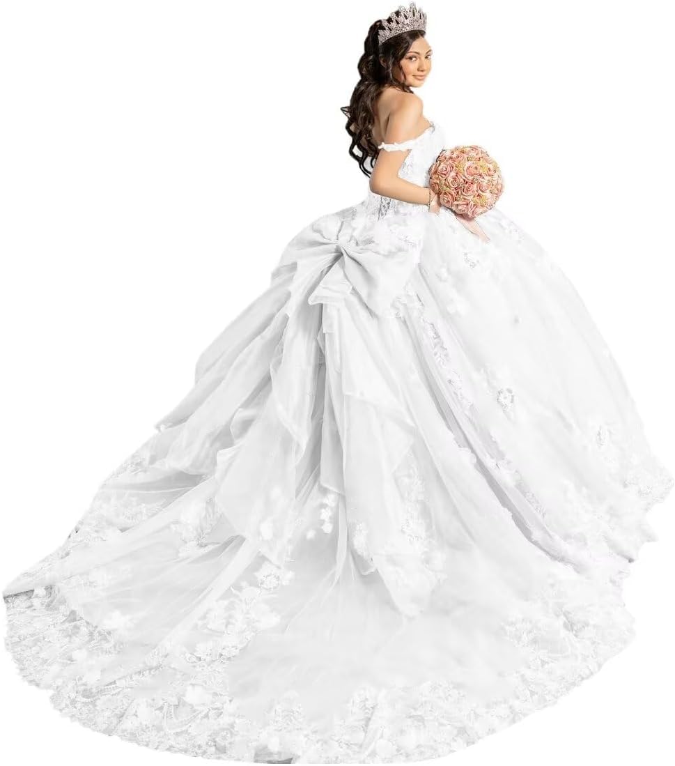 Yifanier Spaghetti Strap Quinceanera Dresses with Bow Sparkly Tulle Prom Gowns 3D Flower Quinceanera Dresses MT040 White