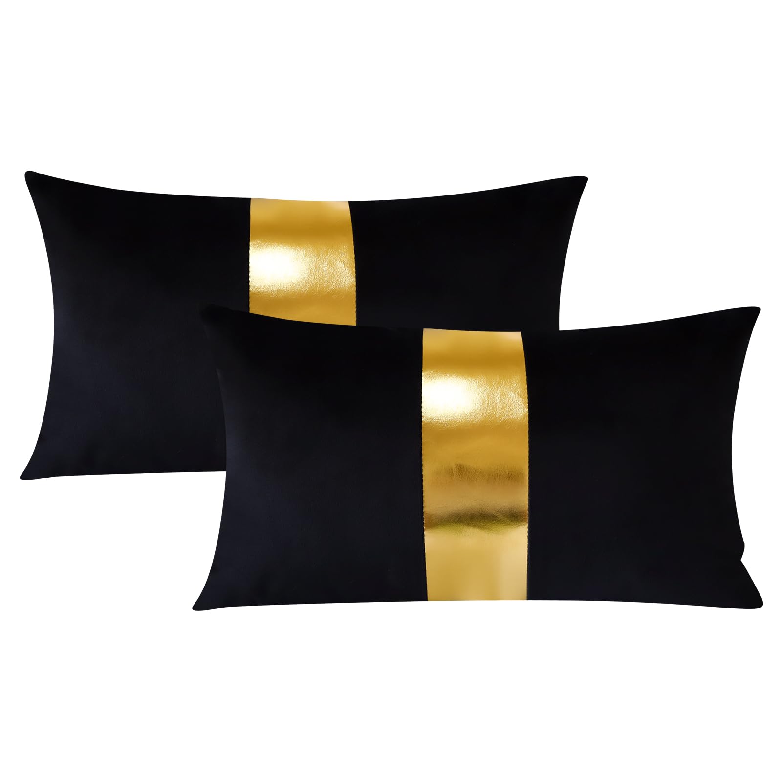 Artscope Black Velvet Throw Pillow Covers, Set Of 2 - Gold Leather Stitching, 16x24 Inches, Luxury Modern