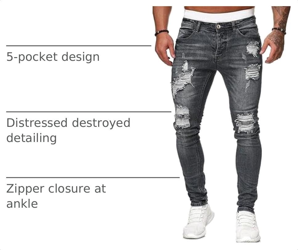 Image of HUNGSON Men's Blue Slim Fit Jeans Stretch Destroyed Ripped Skinny Jeans Side Striped Denim Pants
