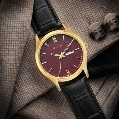 Image of Titan Karishma Regal Classic Day-Date Green Dial Black Leather Men's Dress Watch - 10059YL03