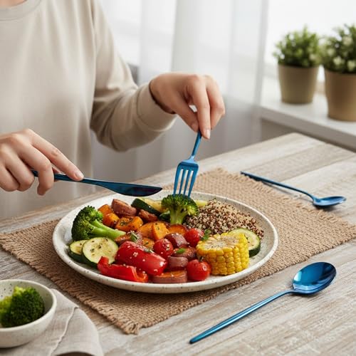 Image of 20 Pcs Blue Cutlery Set for Dining Table the Perfect Lightweight Silim Handle Tableware Including Dinner Spoon, Dinner Fork, Dinner Knife, Dessert Spoon & Dessert Fork