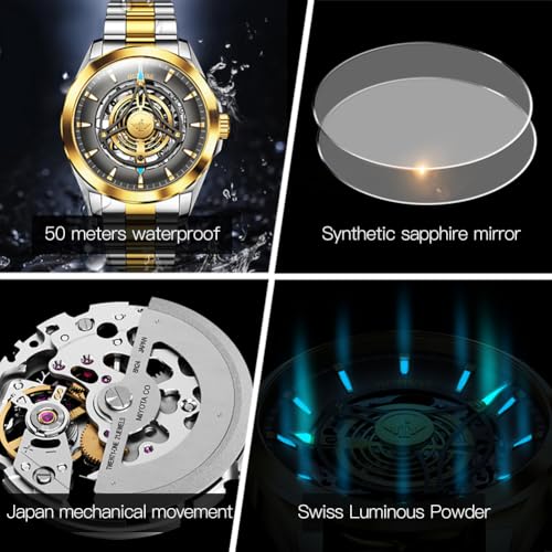 Image of OUPINKE Watch for Men Skeleton Self Winding Mechanical Automatic Luxury Dress Black Wrist Watch Waterproof Luminous Tungsten Sapphire Crystal