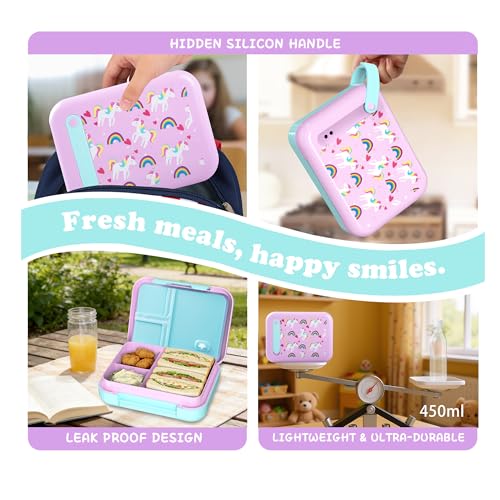 Image of Kids Bento Lunch Box for Boys & Girls - 4-Compartment Leak-Proof Lunch Container with Hidden Silicone Handle, Lightweight, BPA-Free, 855ml for School & Travel (pony)