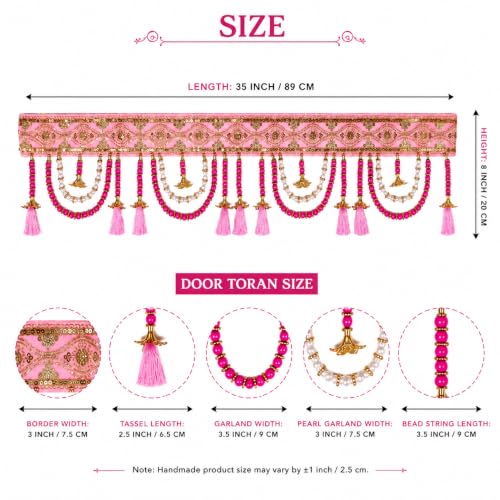 Image of ONESTA Premium Pink Decorative Door Toran for Main Door | Handmade Traditional Bandarwal with Pearl Beads Golden Bells & Tassels | Festive Door Hanging for Diwali Wedding Housewarming Navratri & Home Decor 3 Feet (Size 36 Inch Pack 01)