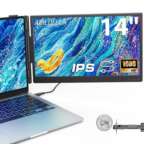 APILDELLA 14'' Dual Laptop Screen Extender, 1080P FHD Laptop Extended Monitor Portable with Speaker, Plug-Play Second Monitor for 13-16'' Laptops, Work with Mac, Window, Chrome