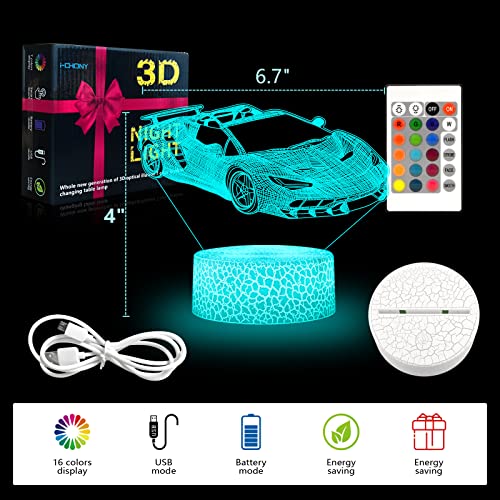 Image of i-CHONY Sport Car Night Light, 3D Optical Illusion Lamp,16 Colors Dimmable Touch Table Lamp, Bedside Lamp, Race Car Gifts, Holiday, Nursery, Home Decor, Xmas